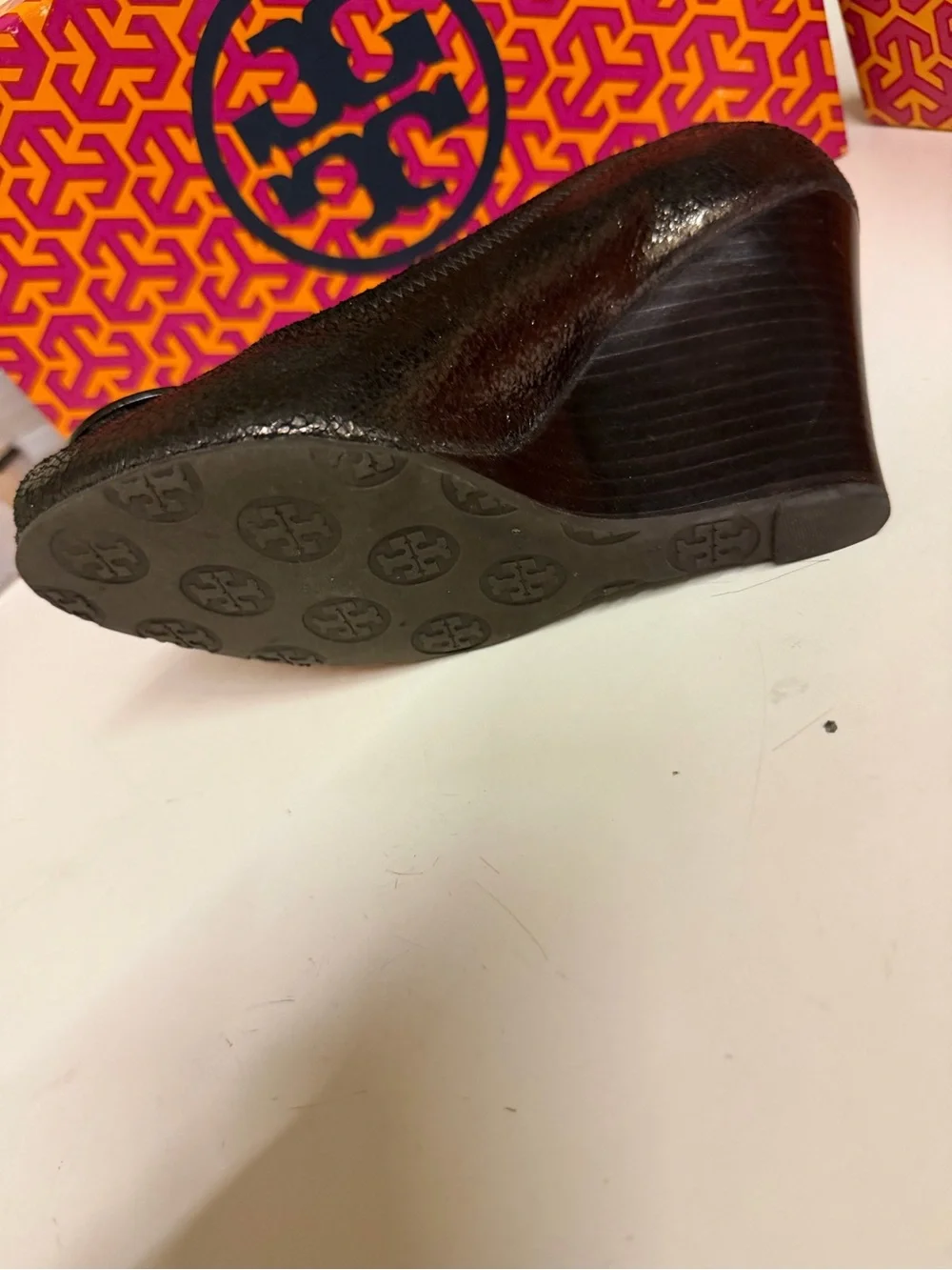 Tory Burch Metallic Black Logo Peep-Toe Heels